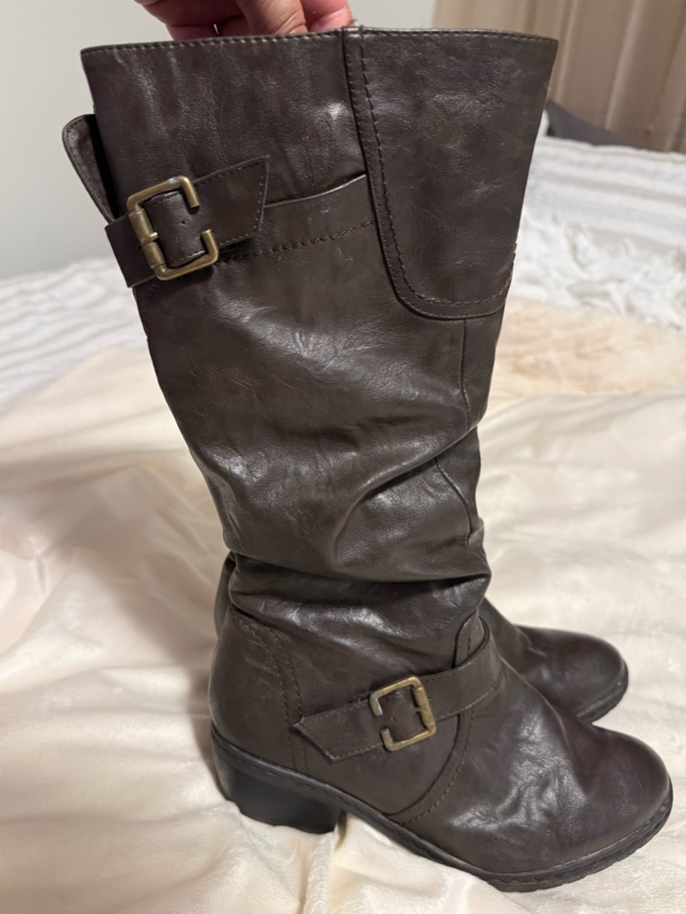 Women's Brown Mid-Calf Slouchy Buckle Heeled Boots